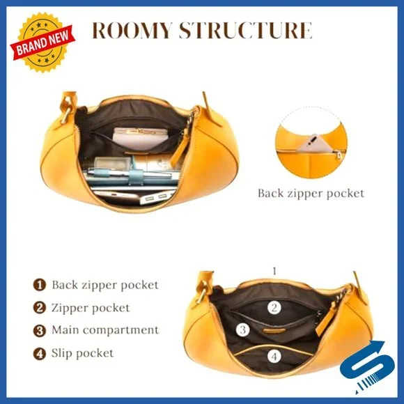 Top Grain Leather Shoulder Bag Hobo Crescent Purse Adjustable Strap - Picture 5 of 7